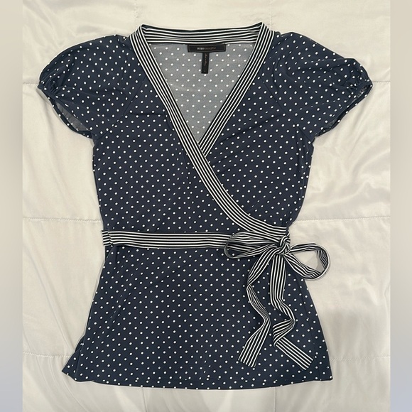 Polkadot Navy Blue and White Wrap Top with Striped Ribbon Waist Tie - Picture 3 of 7